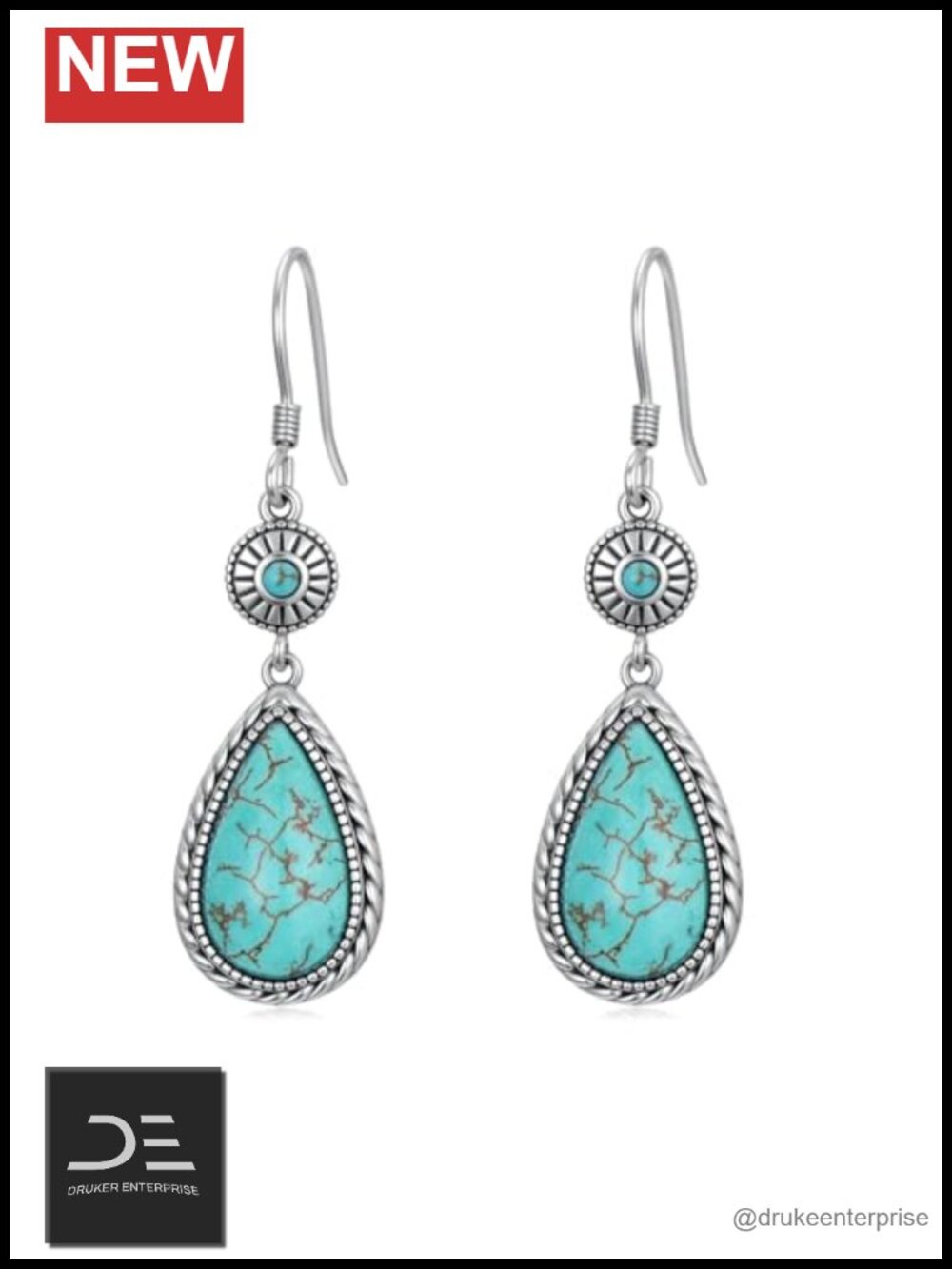 Genuine Turquoise Earrings 925 Sterling Silver Teardrop Dangle Hook Earrings